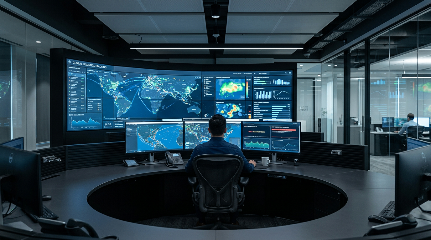 Logistics control room with live network dashboards — operational signals brought into one line of sight.