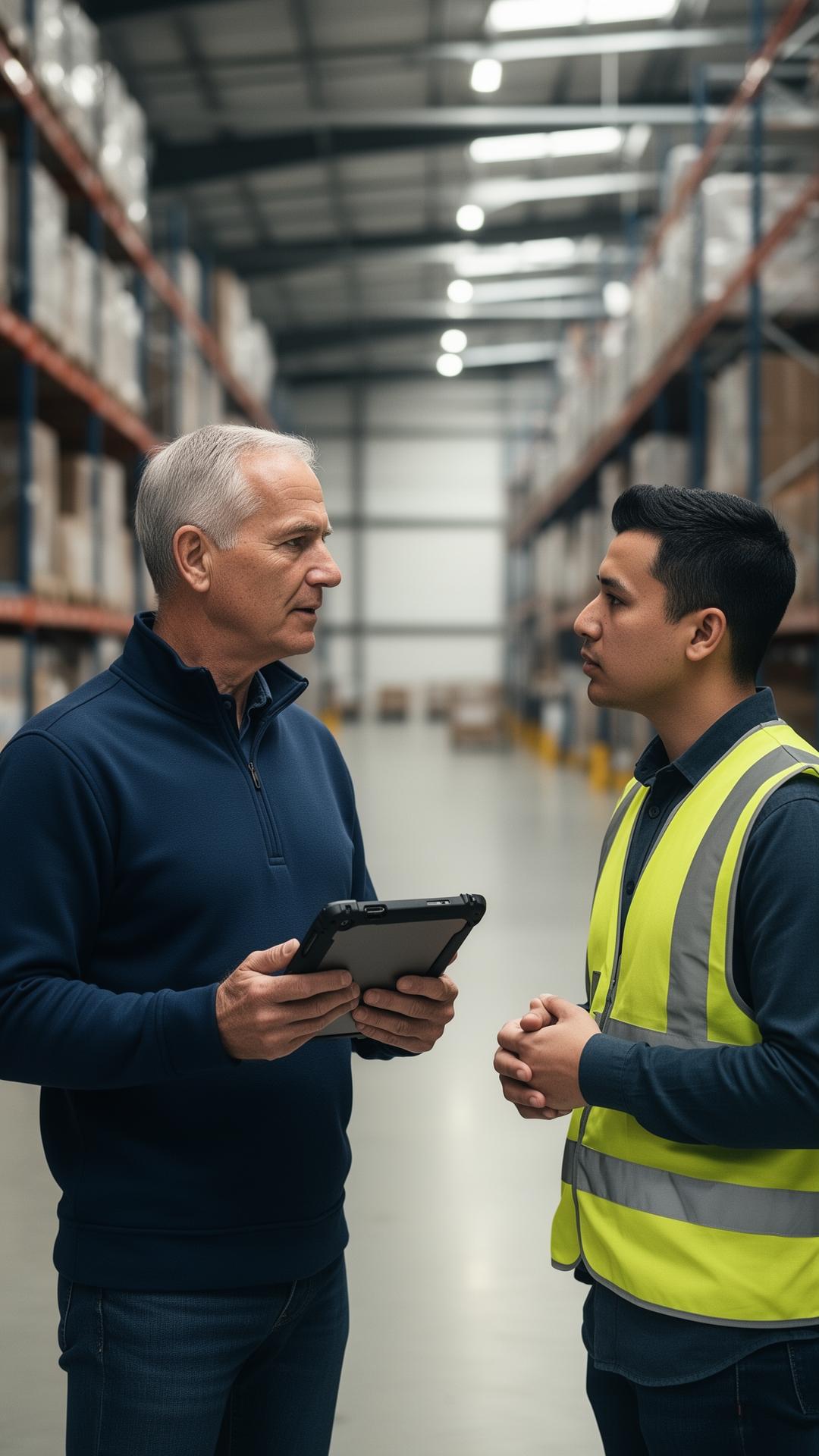 Operations leader reviewing performance with a frontline team member on the distribution centre floor.
