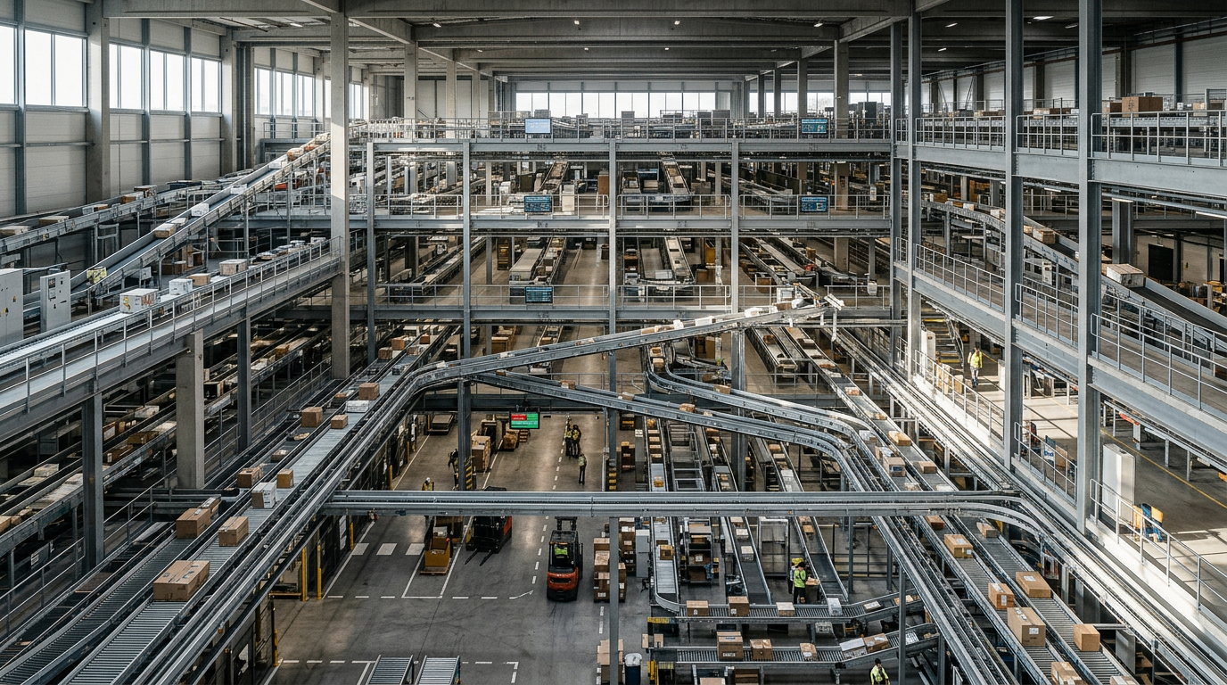 Automated logistics interior with layered conveyor flow — infrastructure designed for throughput, clarity, and scale.