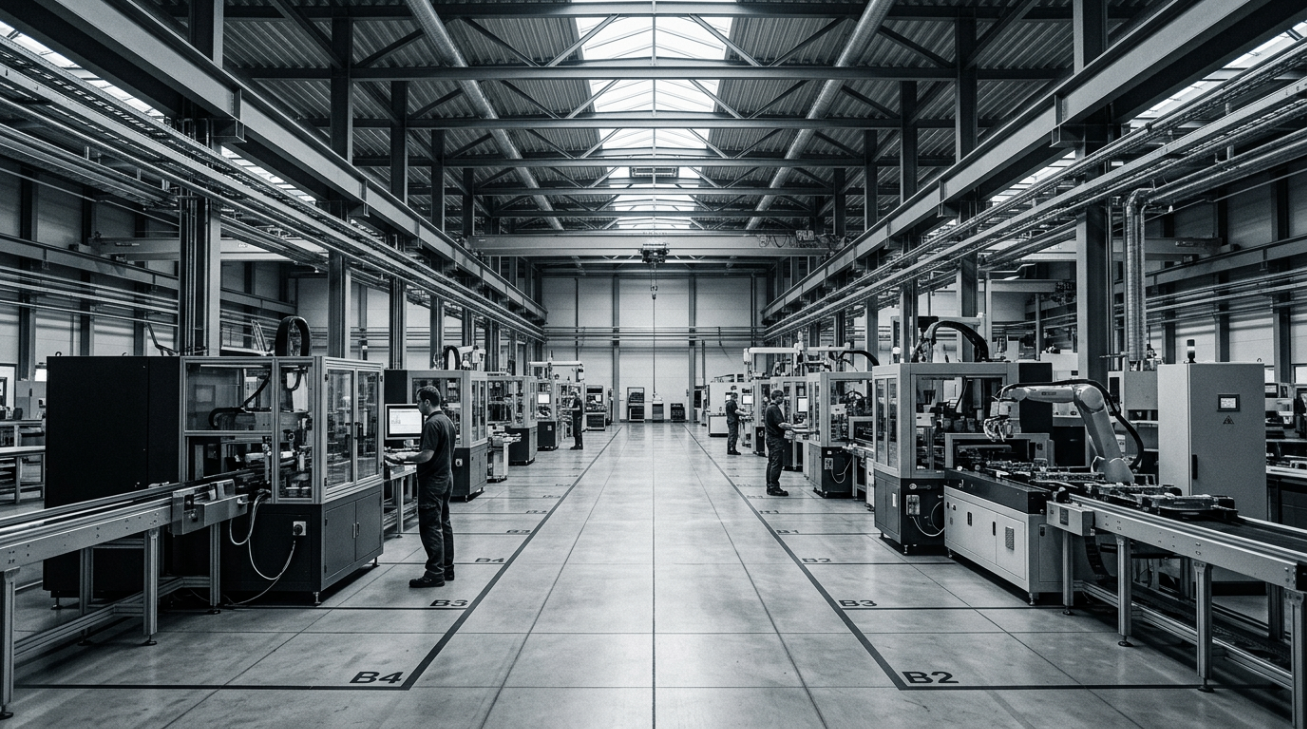Advanced manufacturing floor with structured production lines and operators in position — process flow under control.