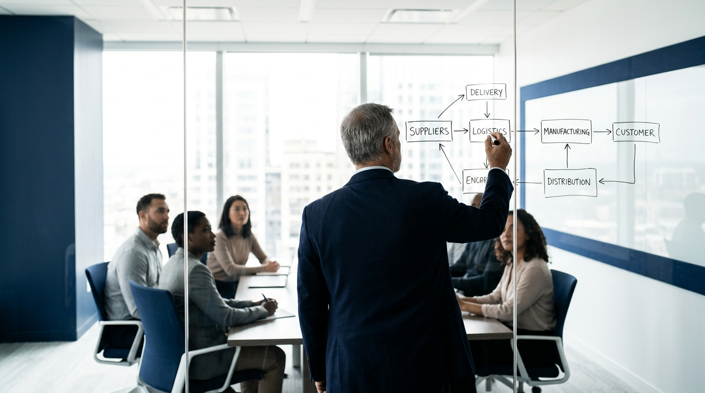 Executive leading a supply-chain planning session at the board — strategy and execution aligned in one operating model.