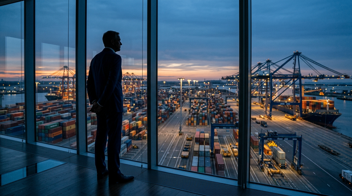 Executive reviewing a port and container operation from the control vantage point — visibility before intervention.