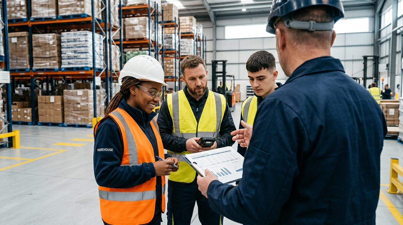 Leadership team reviewing execution with frontline operators on the warehouse floor — structure and accountability forming as the business scales.