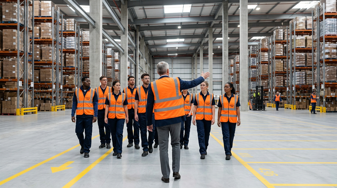 Operations leader briefing a high-vis warehouse team on the distribution centre floor.