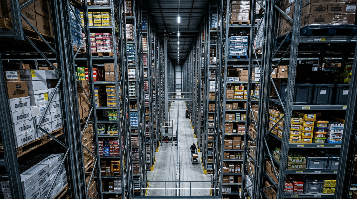 High-bay racking with fast-moving packaged inventory — retail and FMCG scale held in operational order.