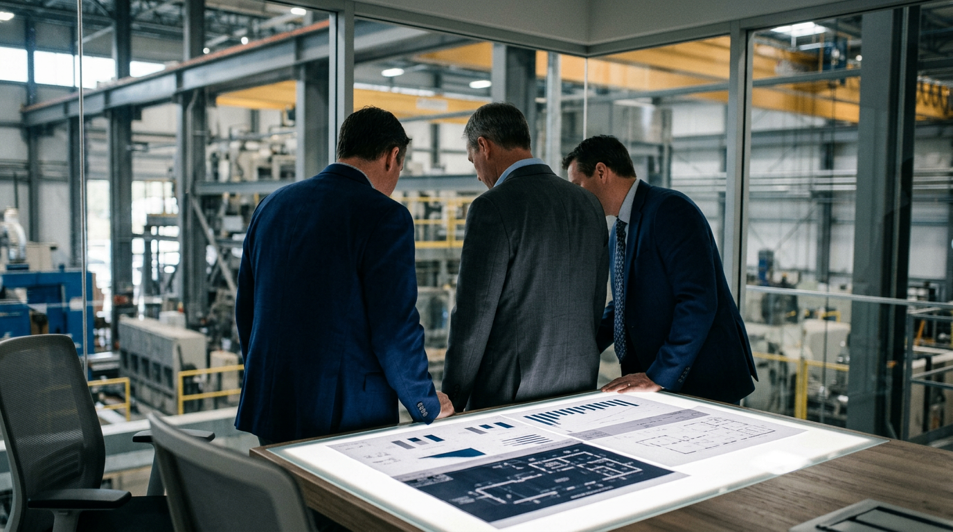 Senior leaders reviewing plant plans and live operations from the factory floor mezzanine — execution-led, not from the sidelines.