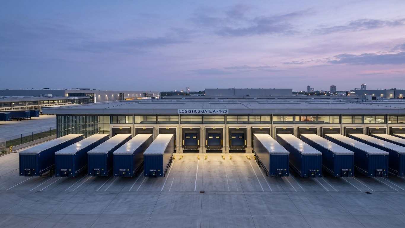 Aerial view of a distribution centre at dusk — rows of trailers at the loading docks, ready for dispatch.