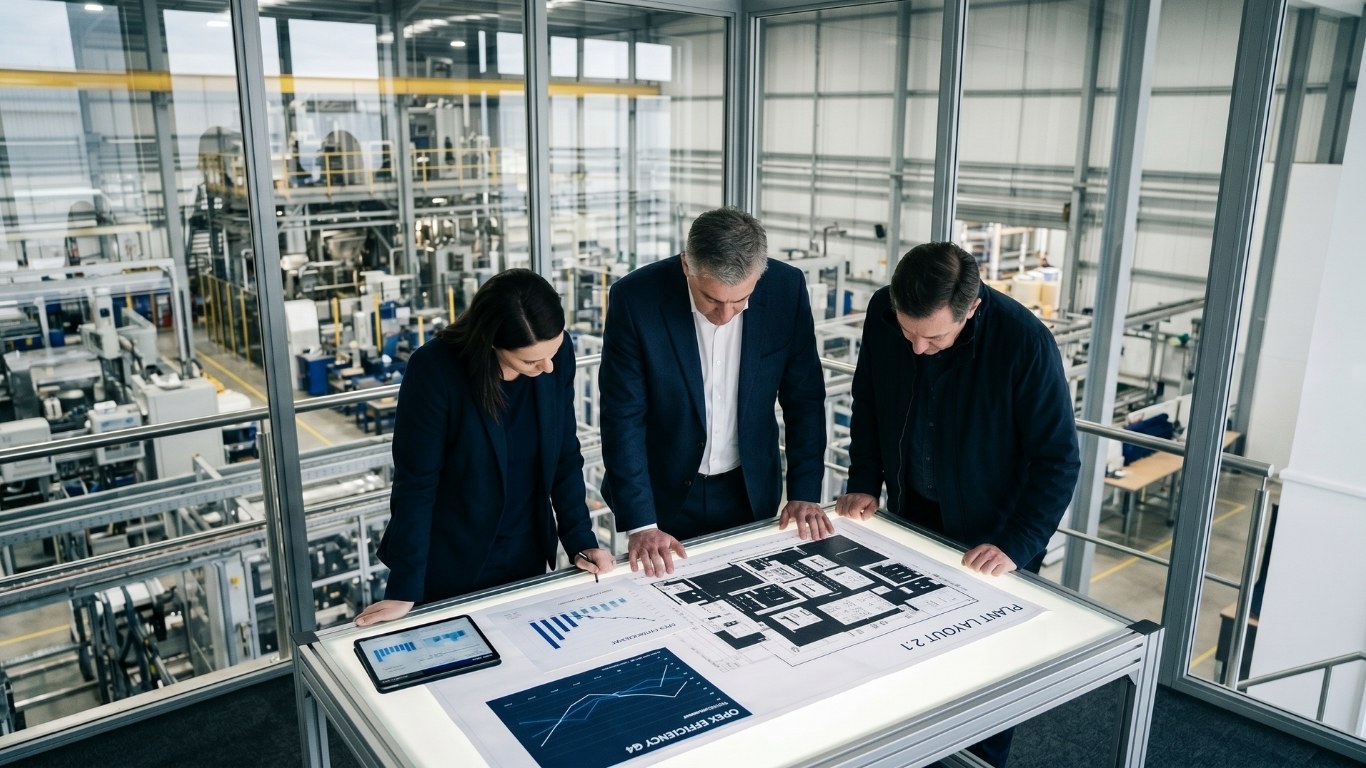 Three operational leaders reviewing a plant layout and OPEX efficiency reporting above an active production floor — embedded, calm, authoritative.