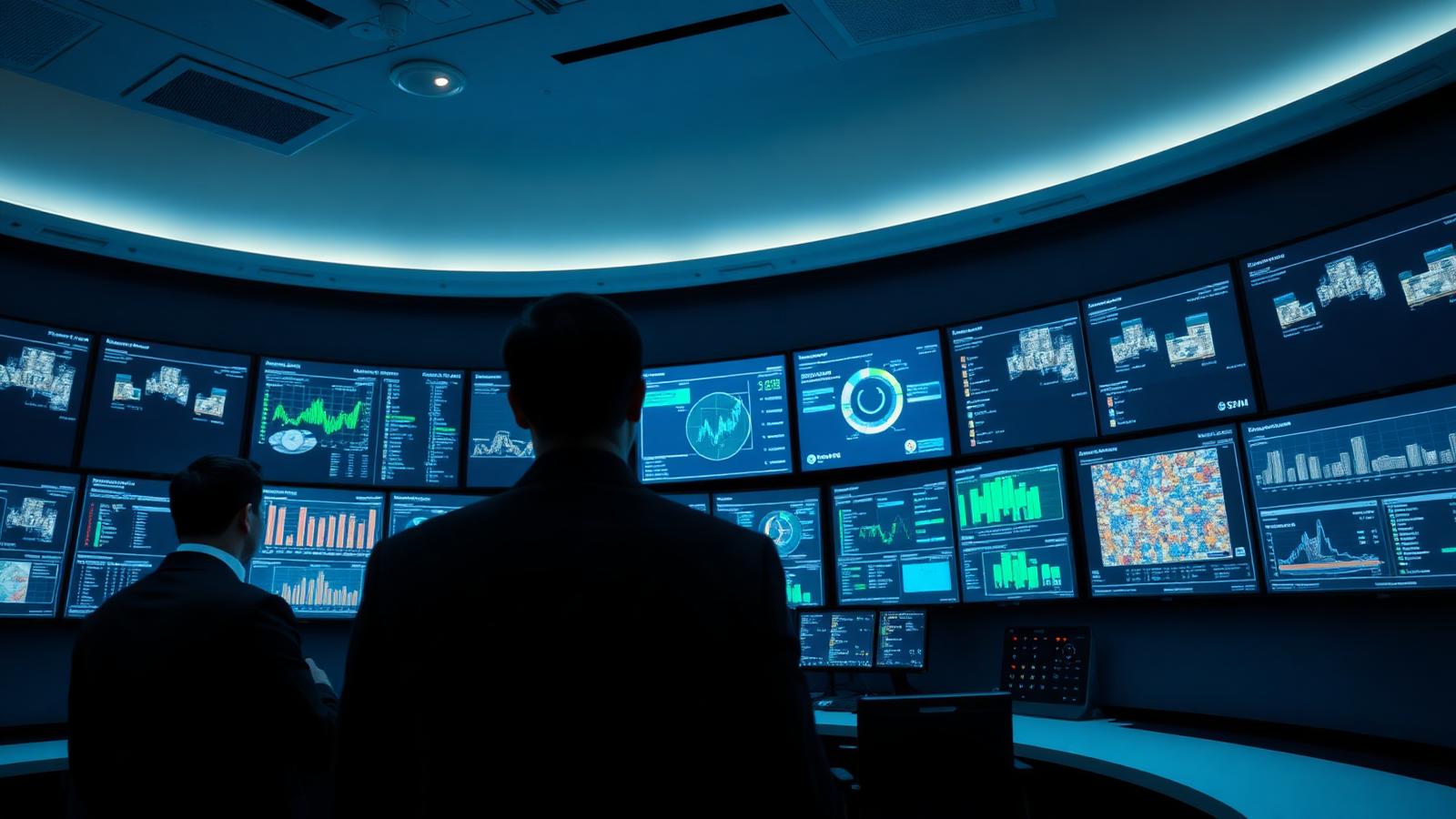 Logistics control room with a curved wall of dashboards showing live supply-chain performance metrics.